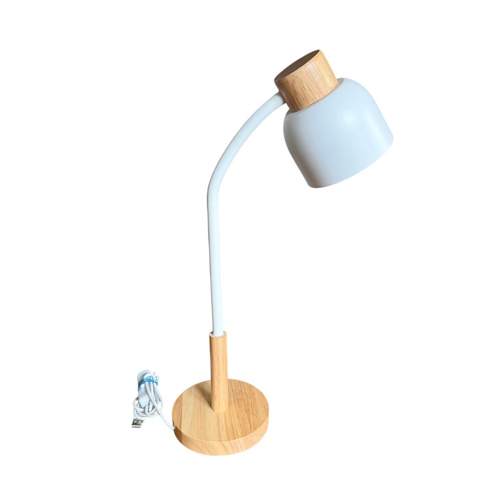 Modern Wood & White Desk Lamp USB Powered Adjustable Gooseneck Table Light